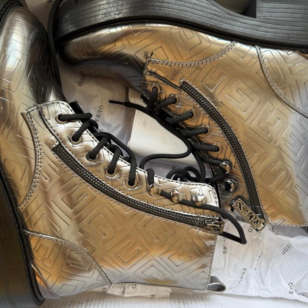 GUESS Metallic Pewter Monogram Combat Boots Chunky Lug Sole Lace Up Zip